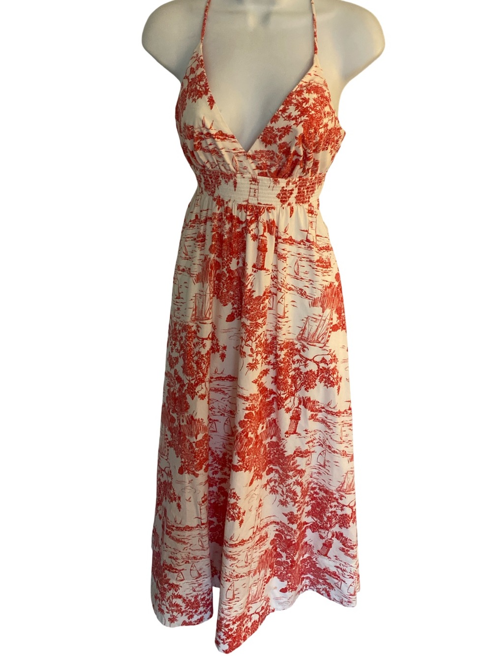 Vineyard Vines Cream Maxi Dress with Red Toile Print-XS cotton lined
